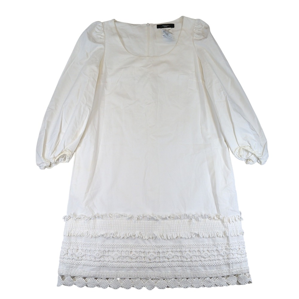 Weekend Max Mara Ivory Cotton Crochet Lace Hem Puff Sleeve Shift Dress 4